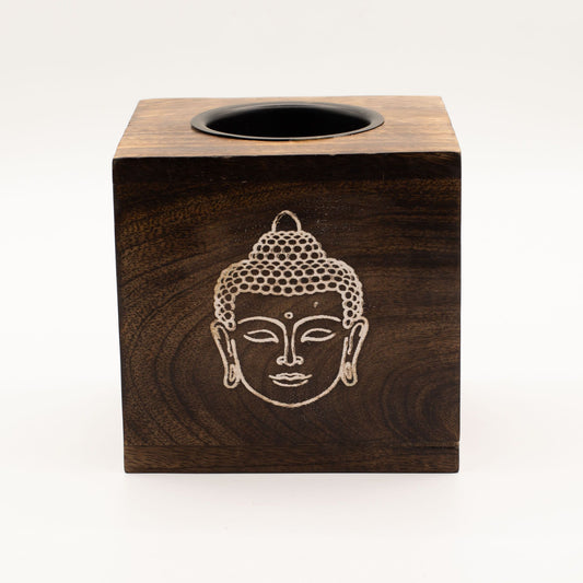 Große quadratische Duftlampe aus Mangoholz – Buddha-Gesicht