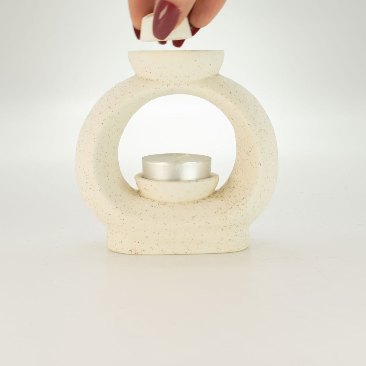 Keramik-Duftlampe im Zen-Stil – Groß, in ovaler Kieselform – Gesprenkeltes Cremeweiß