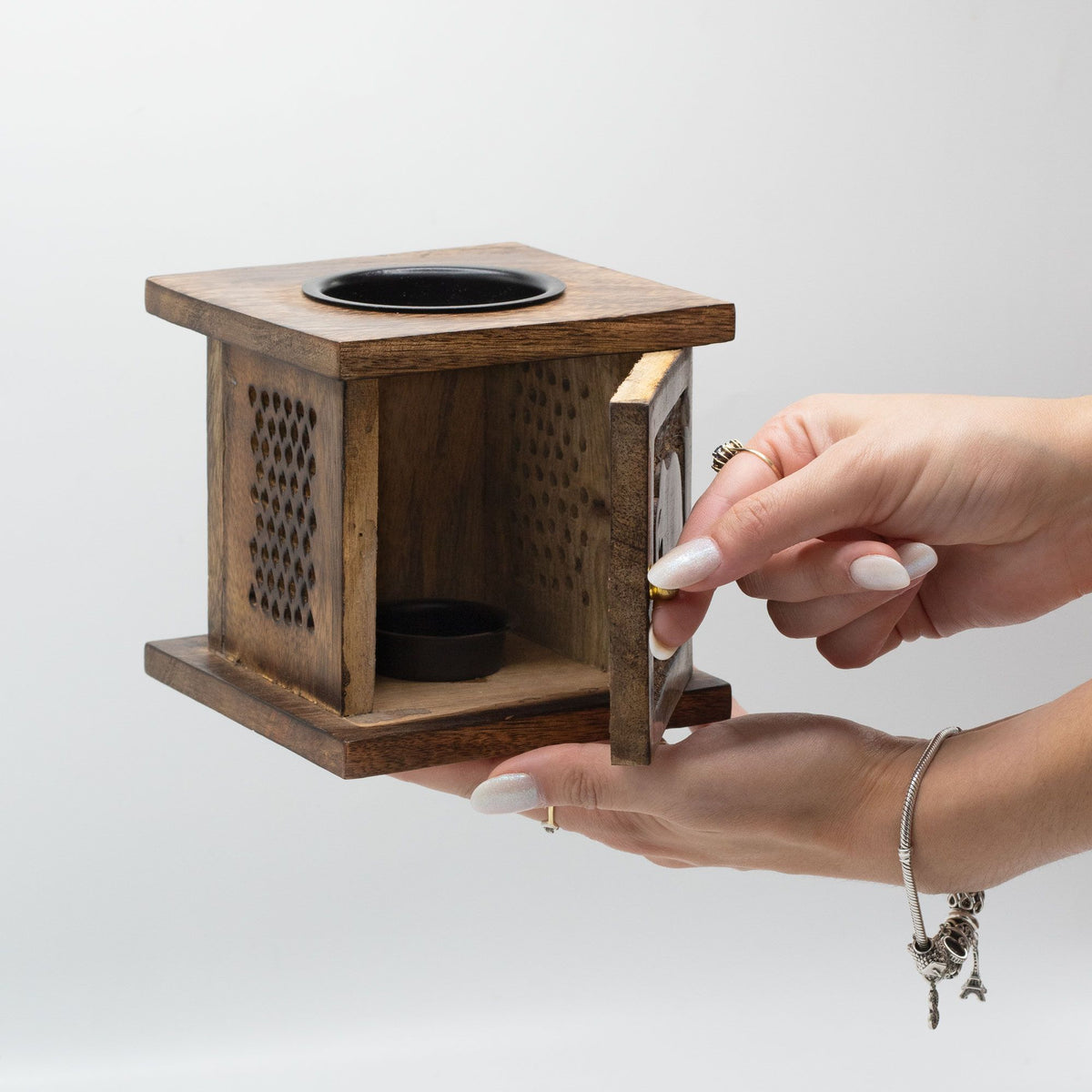 Große Duftlampe aus Mangoholz in Boxform – Buddha