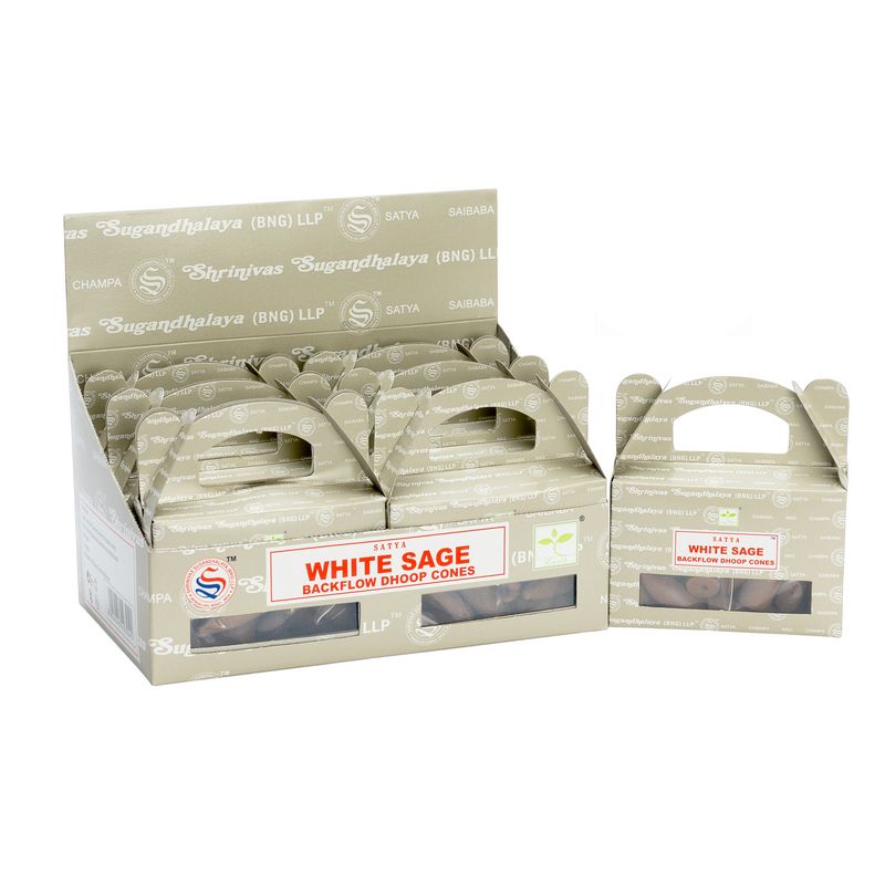 Box mit Satya White Sage Backflow-Räucherkegeln