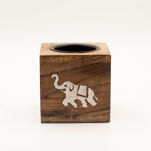 Quadratische Duftlampe aus Mangoholz – Elefant