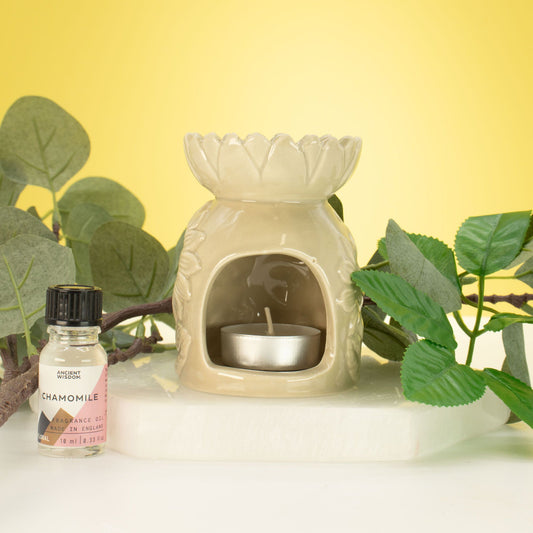 Keramik-Duftlampe mit Sonnenblume – Pastellbeige