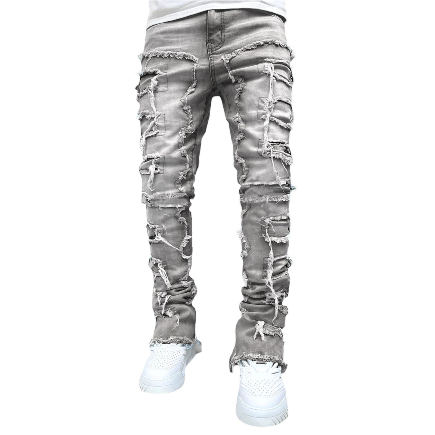 Modische Herren-Jeans mit Fransen und Rissen, individuell gepatcht, schmal geschnittene Stacked Jeans