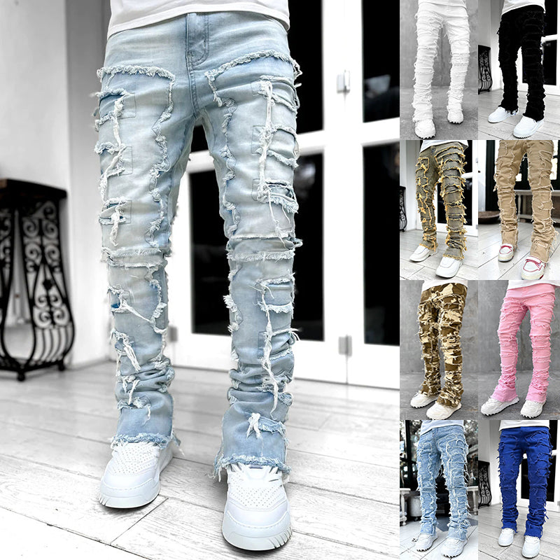 Modische Herren-Jeans mit Fransen und Rissen, individuell gepatcht, schmal geschnittene Stacked Jeans