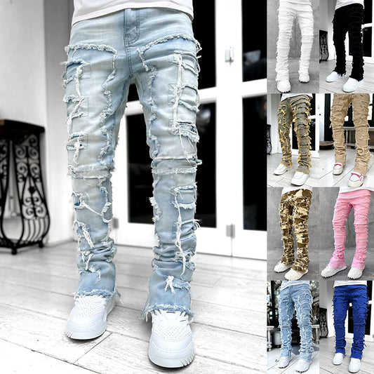 Modische Herren-Jeans mit Fransen und Rissen, individuell gepatcht, schmal geschnittene Stacked Jeans