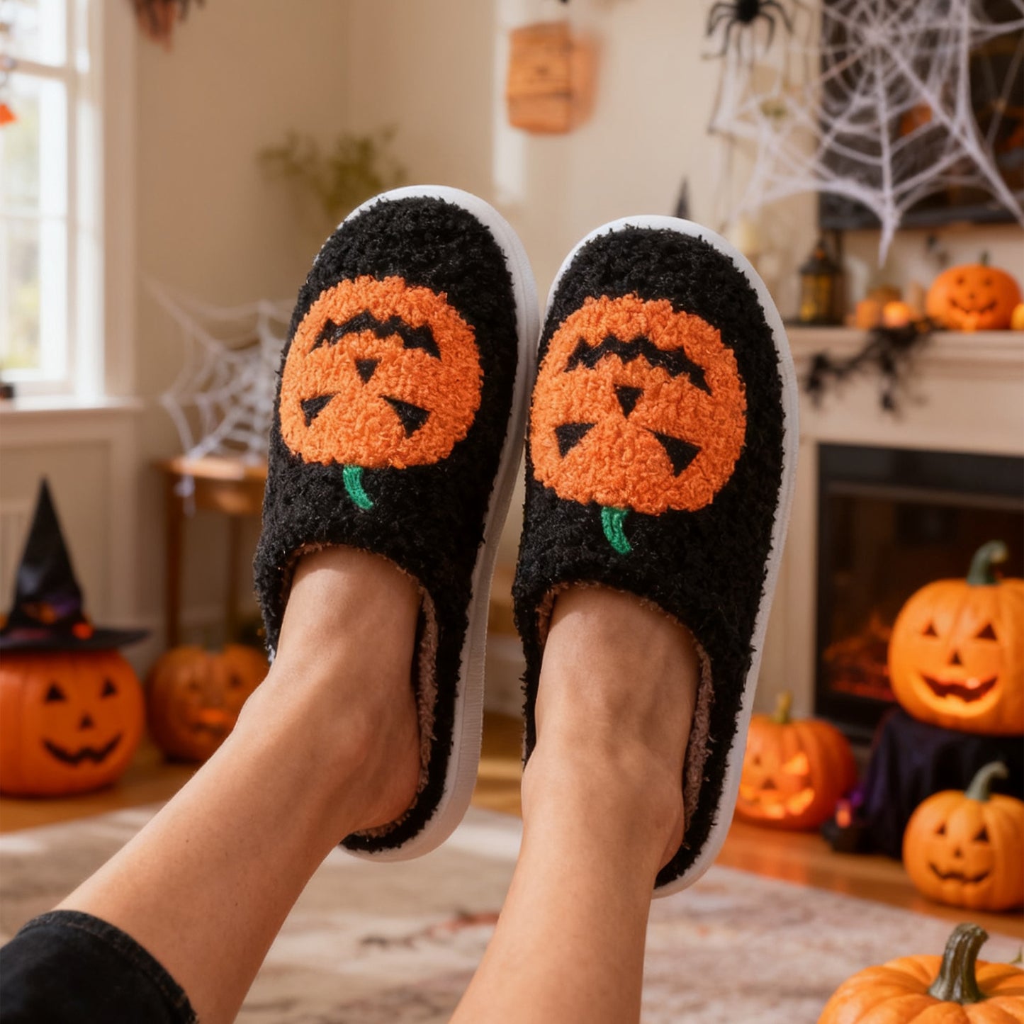 Warme Halloween-Hausschuhe mit Kürbis-Motiv, Cartoon-Design, Winter-Pantoffeln für Damen und Herren, für Zuhause