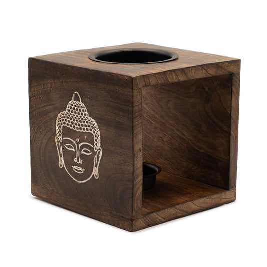 Große quadratische Duftlampe aus Mangoholz – Buddha-Gesicht