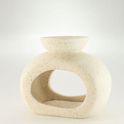 Keramik-Duftlampe im Zen-Stil – Ovale Kieselform – Gesprenkeltes Cremeweiß