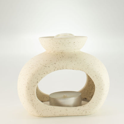 Keramik-Duftlampe im Zen-Stil – Ovale Kieselform – Gesprenkeltes Cremeweiß