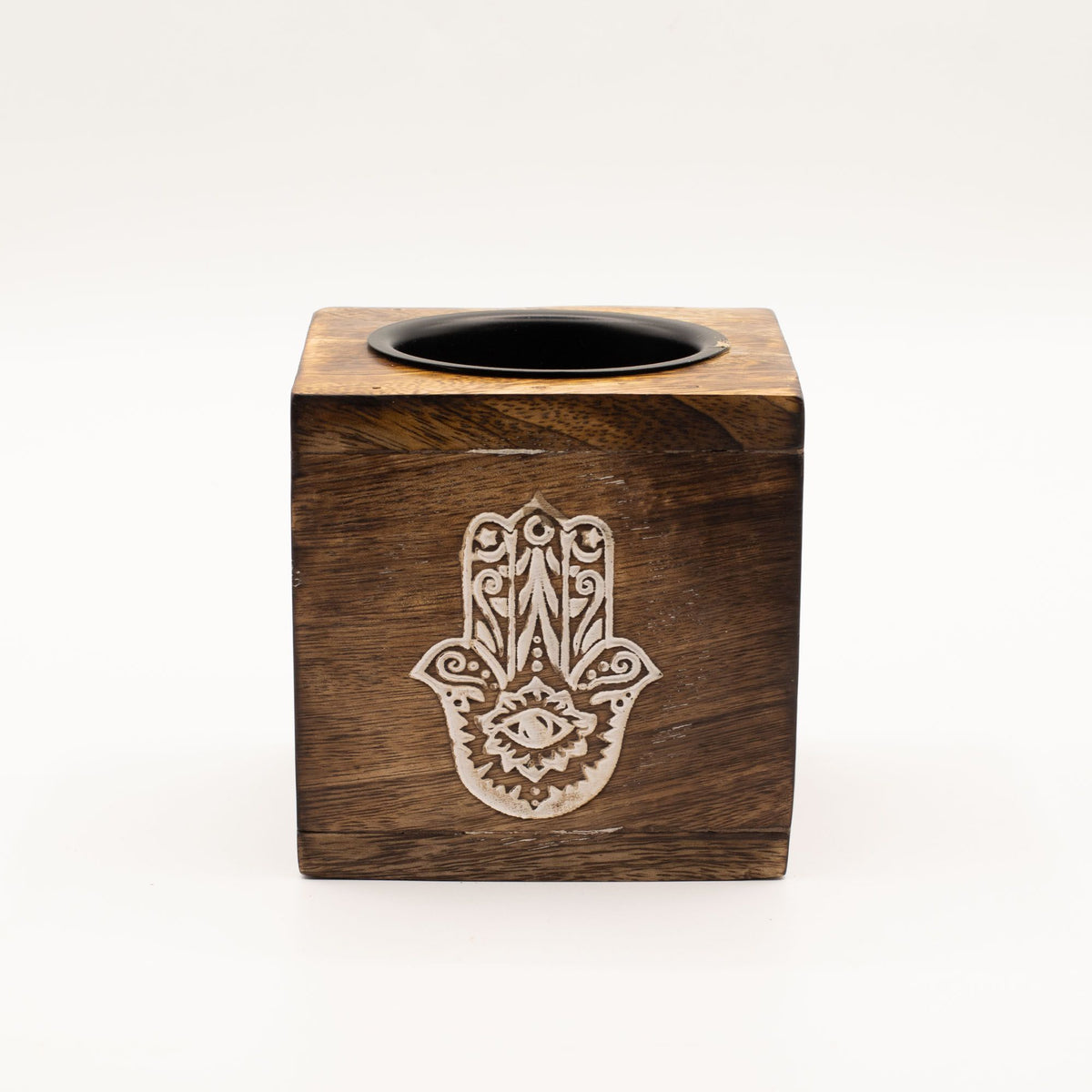Quadratische Duftlampe aus Mangoholz – Hamsa