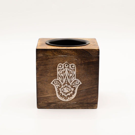 Quadratische Duftlampe aus Mangoholz – Hamsa
