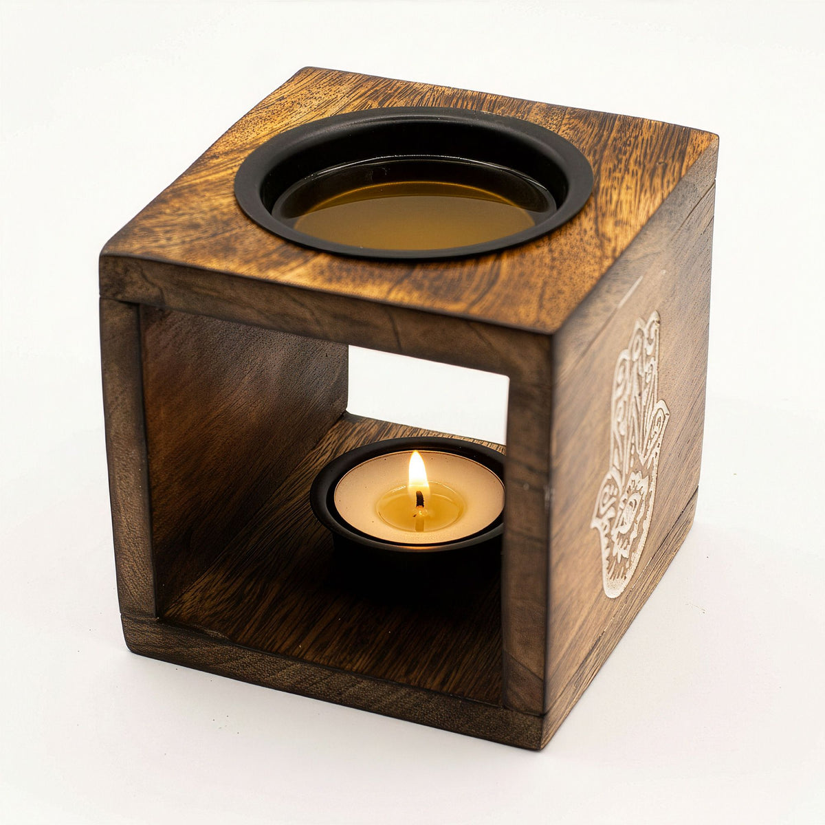 Quadratische Duftlampe aus Mangoholz – Hamsa