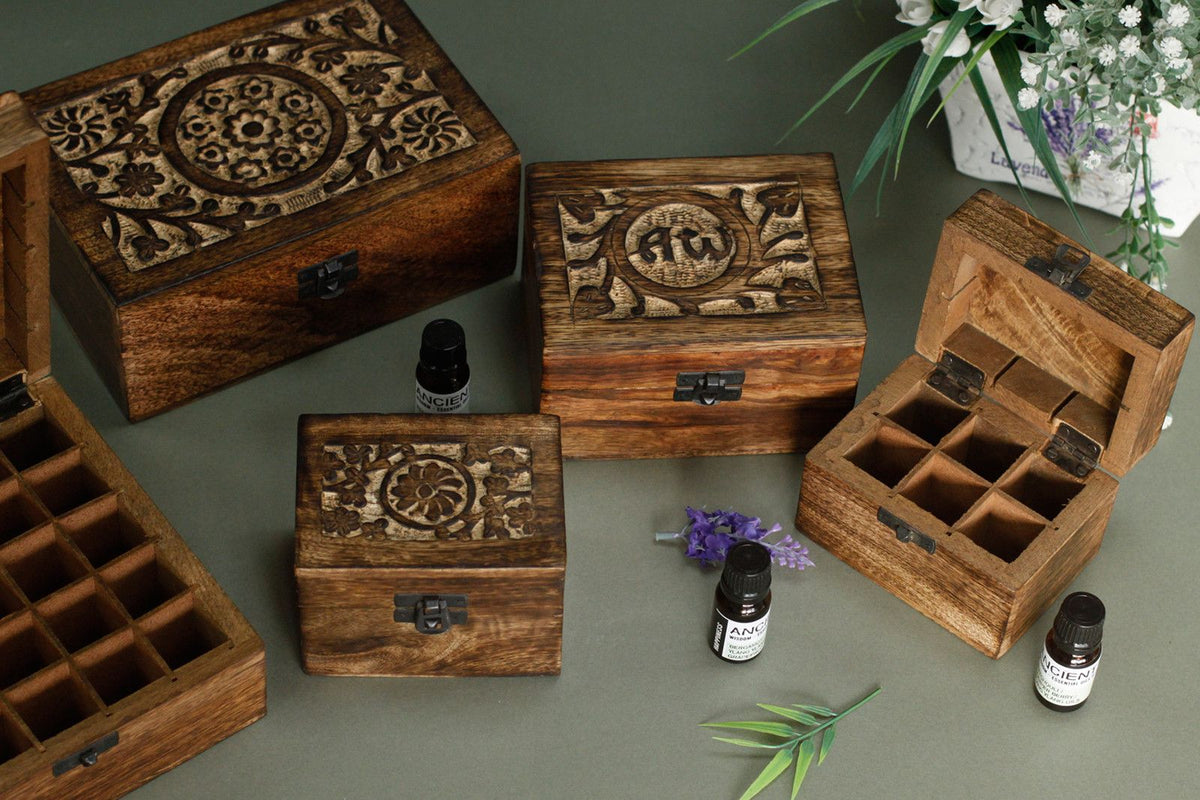 Aromatherapie-Box aus Mangoholz – AW (für 12 Flaschen)