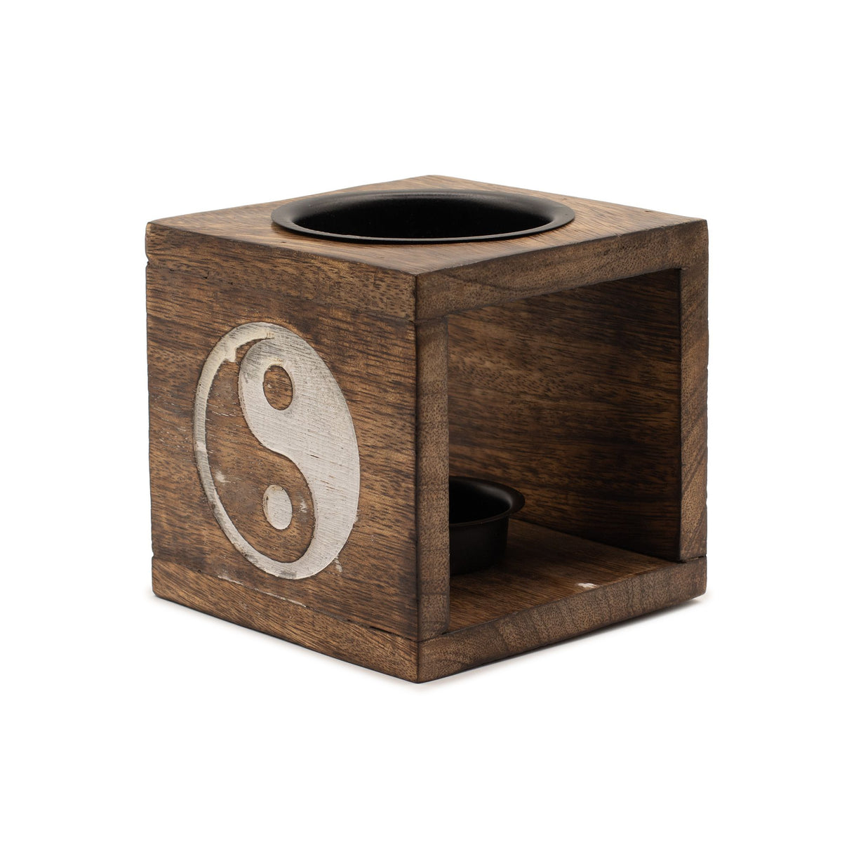 Quadratische Duftlampe aus Mangoholz – Yin Yang