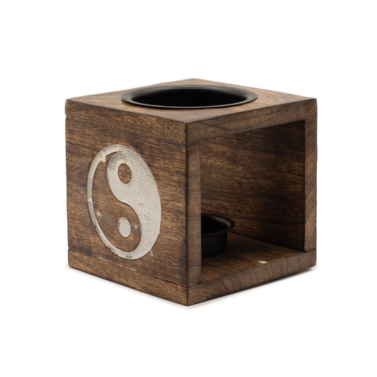 Quadratische Duftlampe aus Mangoholz – Yin Yang