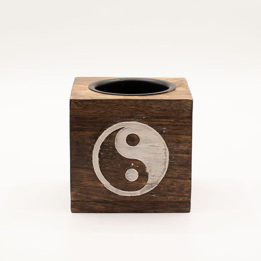 Quadratische Duftlampe aus Mangoholz – Yin Yang