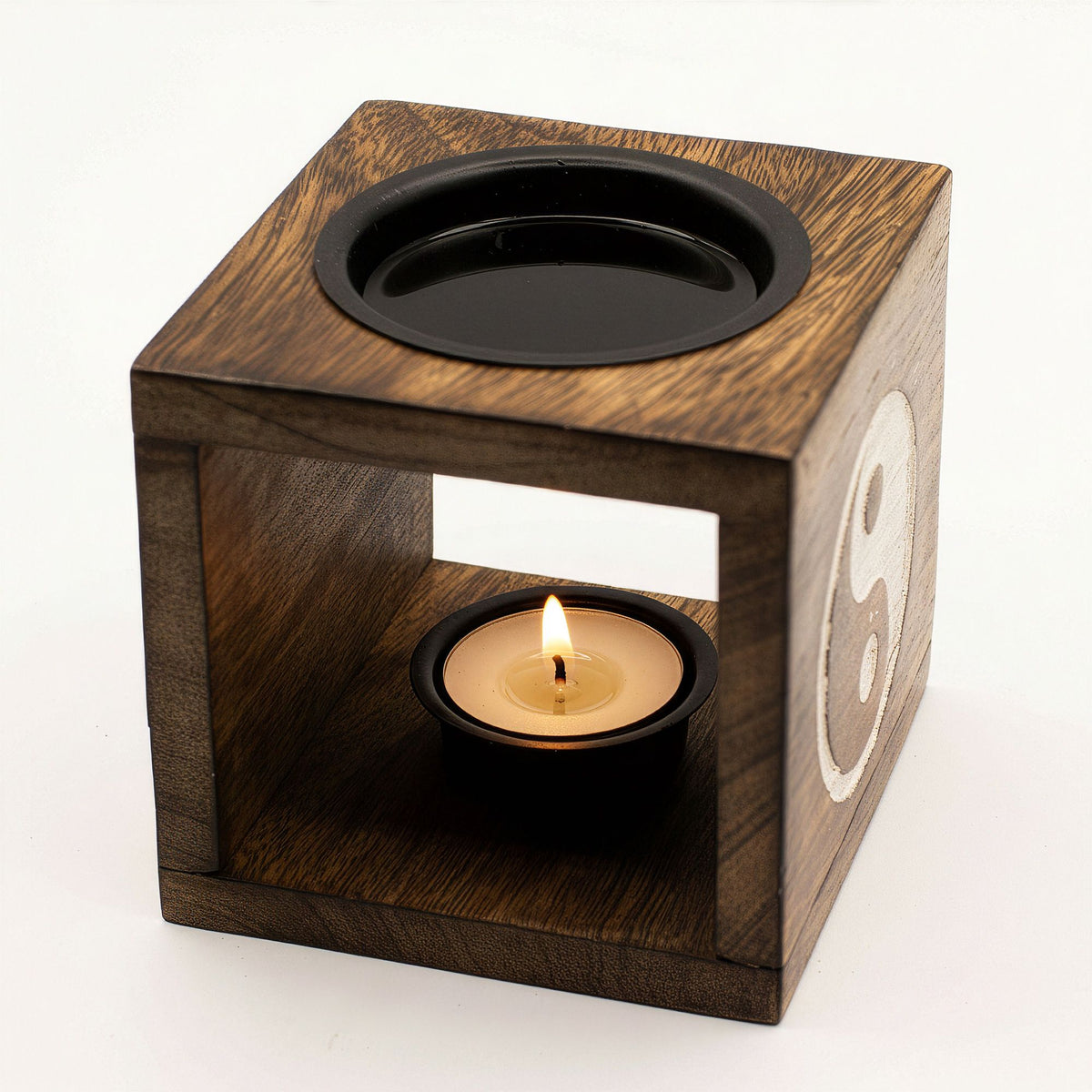 Quadratische Duftlampe aus Mangoholz – Yin Yang