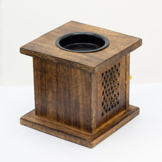 Große Duftlampe aus Mangoholz in Boxform – Buddha
