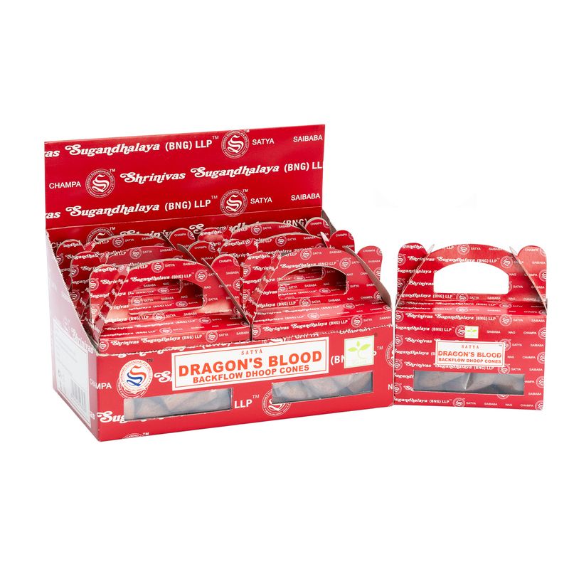 Box mit Satya Dragon's Blood Backflow-Räucherkegeln