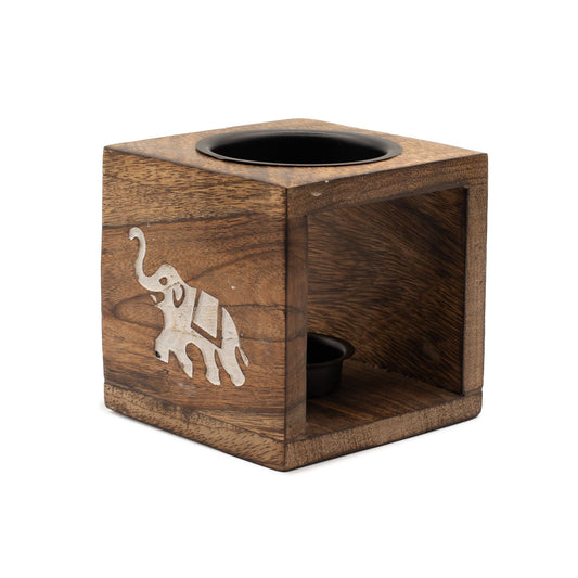 Quadratische Duftlampe aus Mangoholz – Elefant
