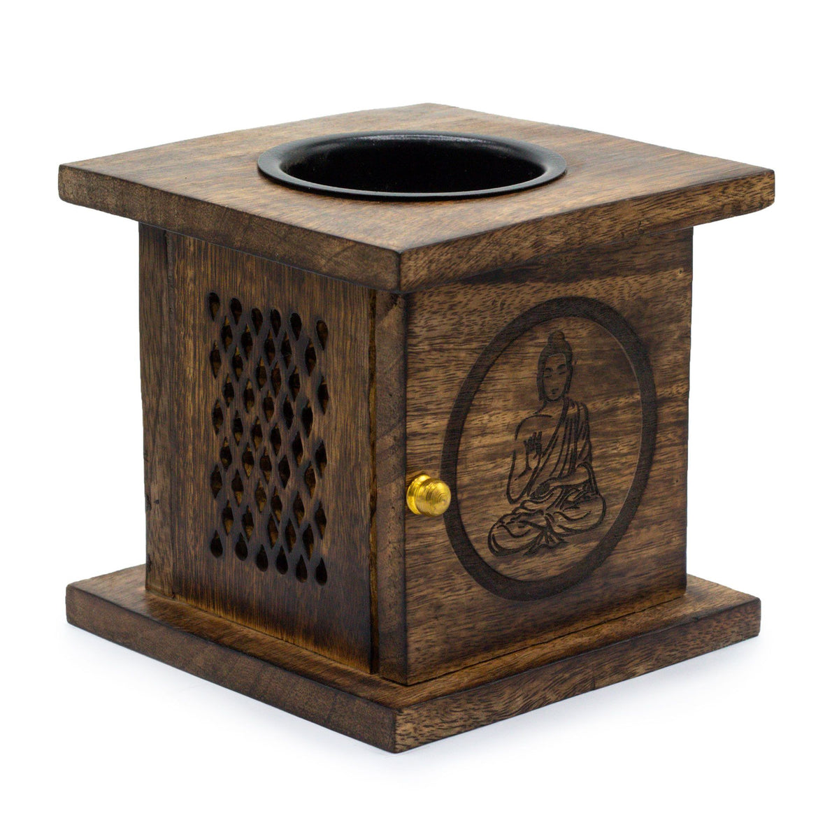 Große Duftlampe aus Mangoholz in Boxform – Buddha