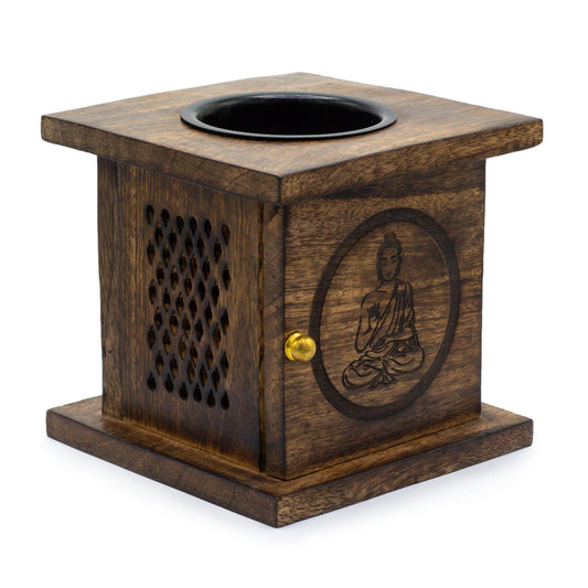 Große Duftlampe aus Mangoholz in Boxform – Buddha