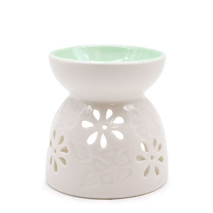 Klassische weiße Duftlampe – Blumenmotiv mit petrolfarbener Schale