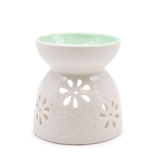 Klassische weiße Duftlampe – Blumenmotiv mit petrolfarbener Schale