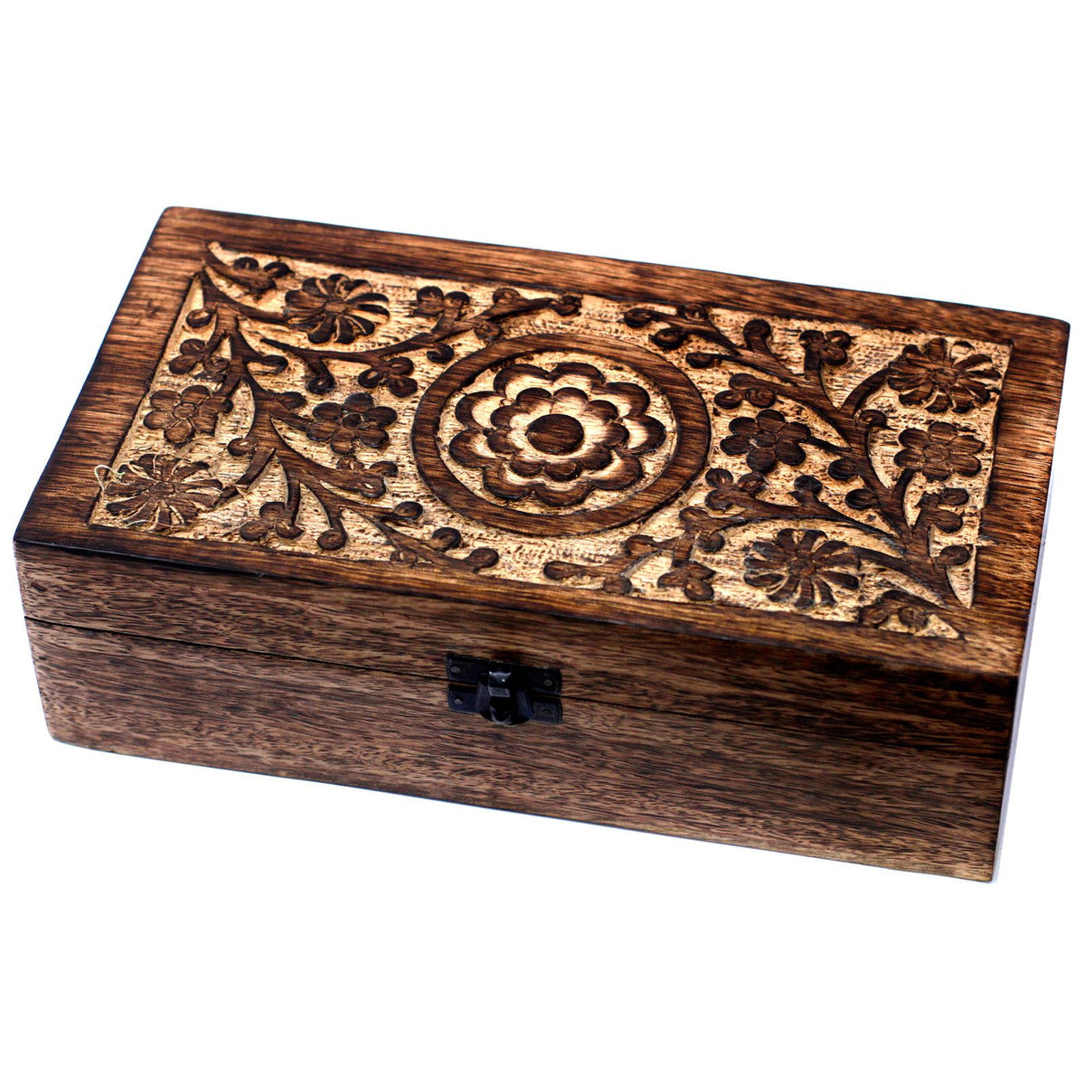 Aromatherapie-Box aus Mangoholz – Blumenmuster (für 32 Flaschen)