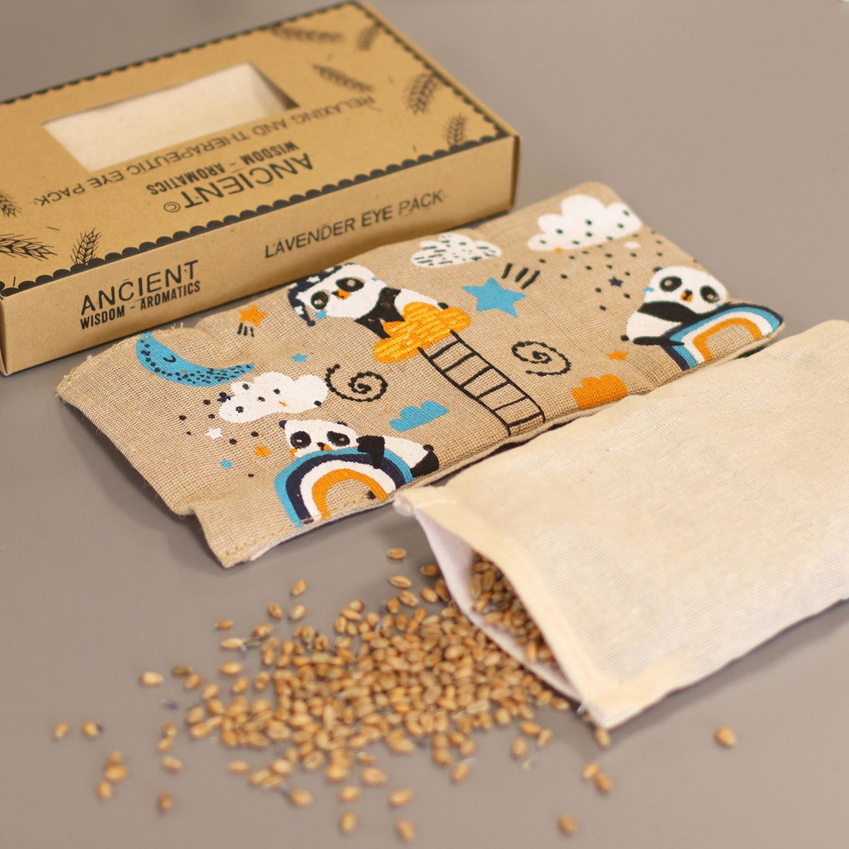 Lavendel-Augenkissen aus natürlicher Baumwolle und Juco in einer Geschenkbox – Sleepy Panda