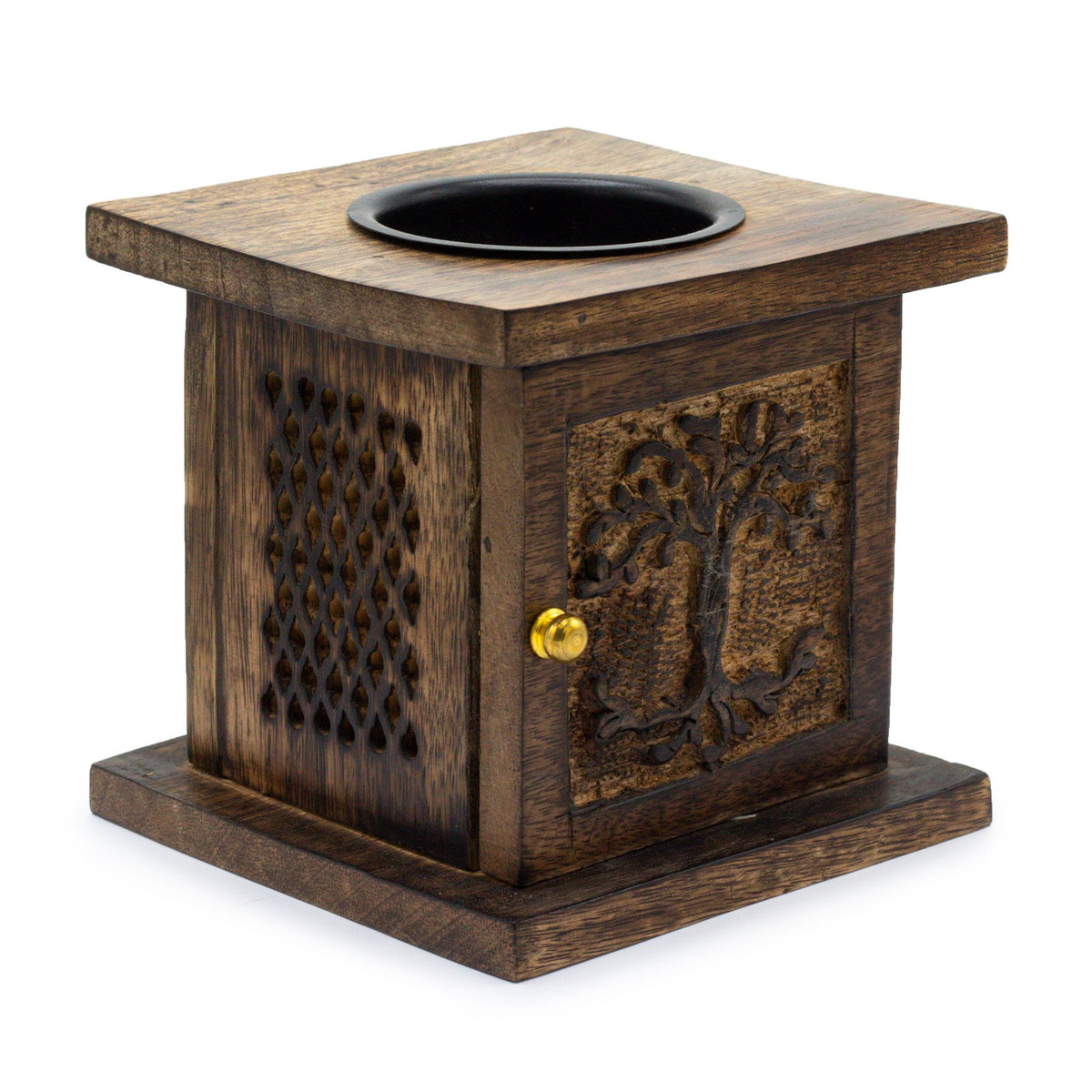 Große Duftlampe aus Mangoholz in Boxform – Lebensbaum