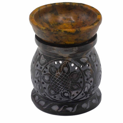 Speckstein-Duftlampe 10 cm – Mandala-Blume – Schwarz und Gelb