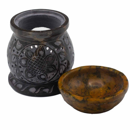 Speckstein-Duftlampe 10 cm – Mandala-Blume – Schwarz und Gelb