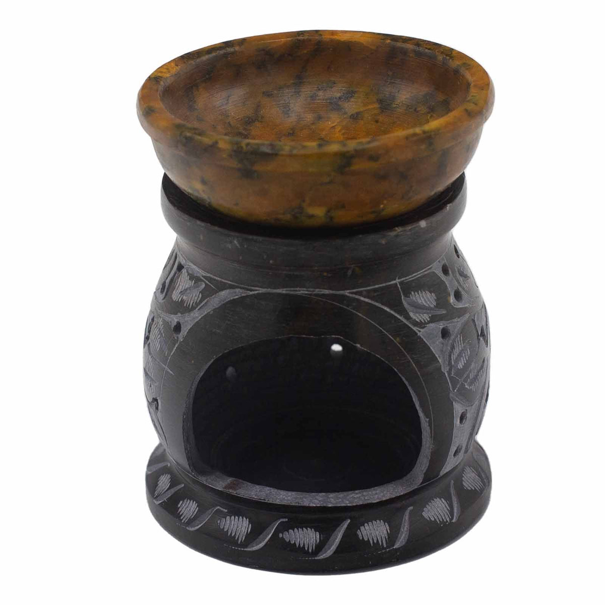 Speckstein-Duftlampe 10 cm – Mandala-Blume – Schwarz und Gelb