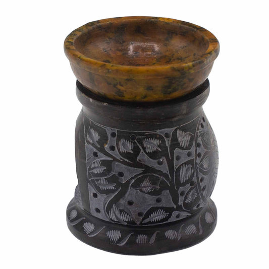 Speckstein-Duftlampe 10 cm – Mandala-Blume – Schwarz und Gelb