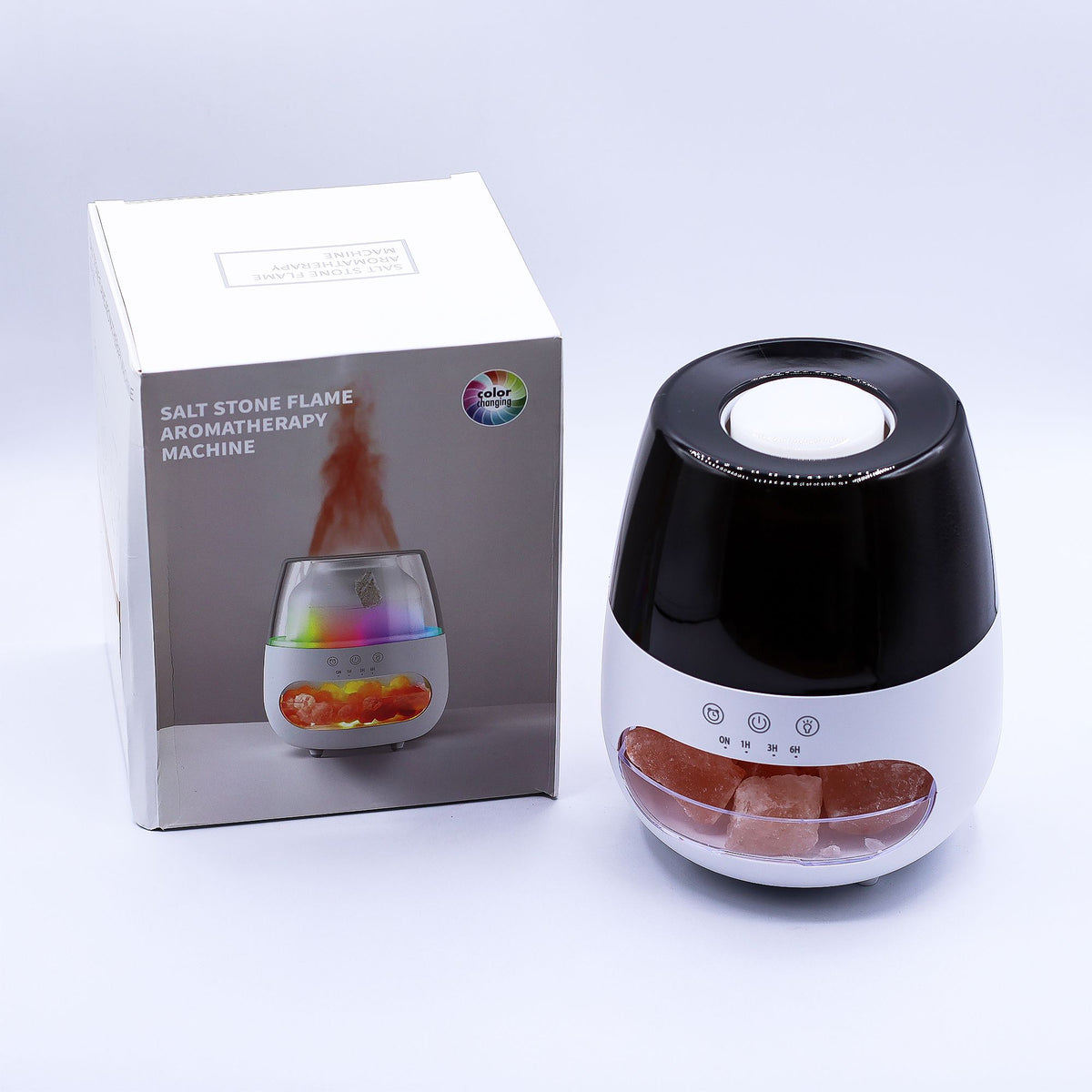 Aroma-Diffusor in Salzstein-Optik mit Flammeneffekt – Weiß – USB – Farbwechsel und Timer