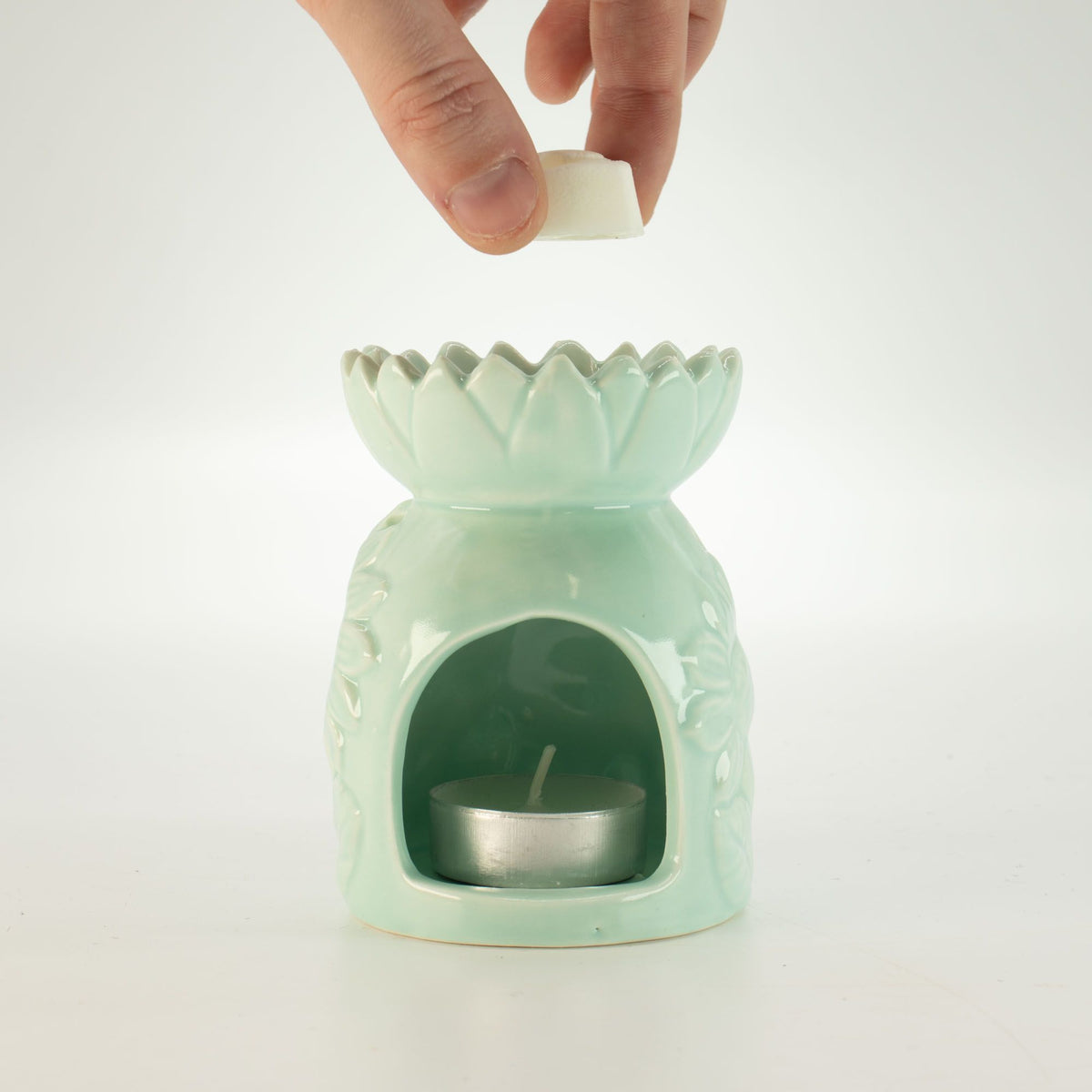 Keramik-Duftlampe mit Sonnenblume – Pastellgrün