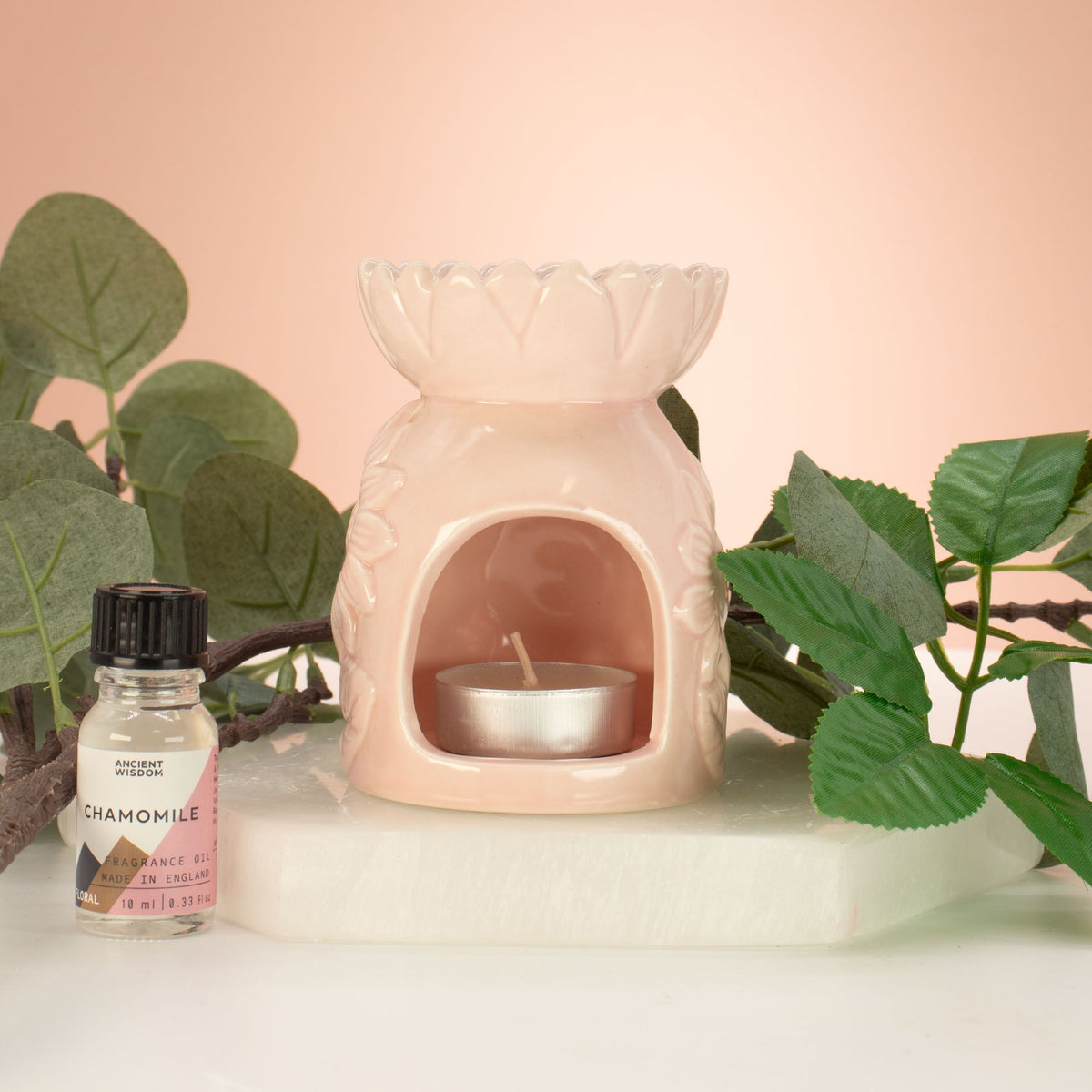 Keramik-Duftlampe mit Sonnenblume – Pastellrosa