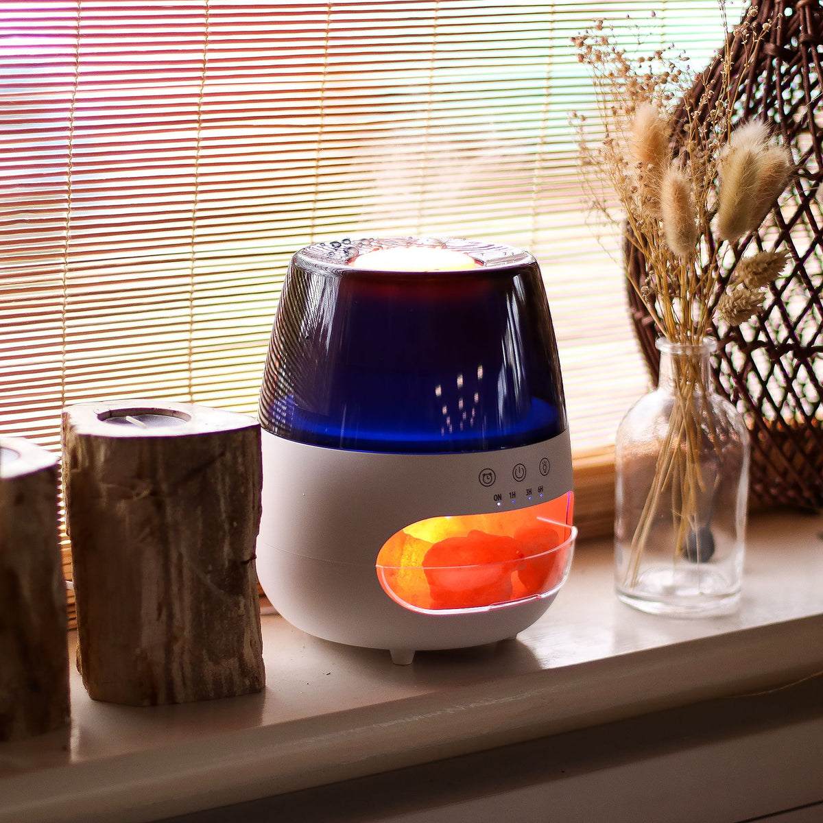 Aroma-Diffusor in Salzstein-Optik mit Flammeneffekt – Weiß – USB – Farbwechsel und Timer