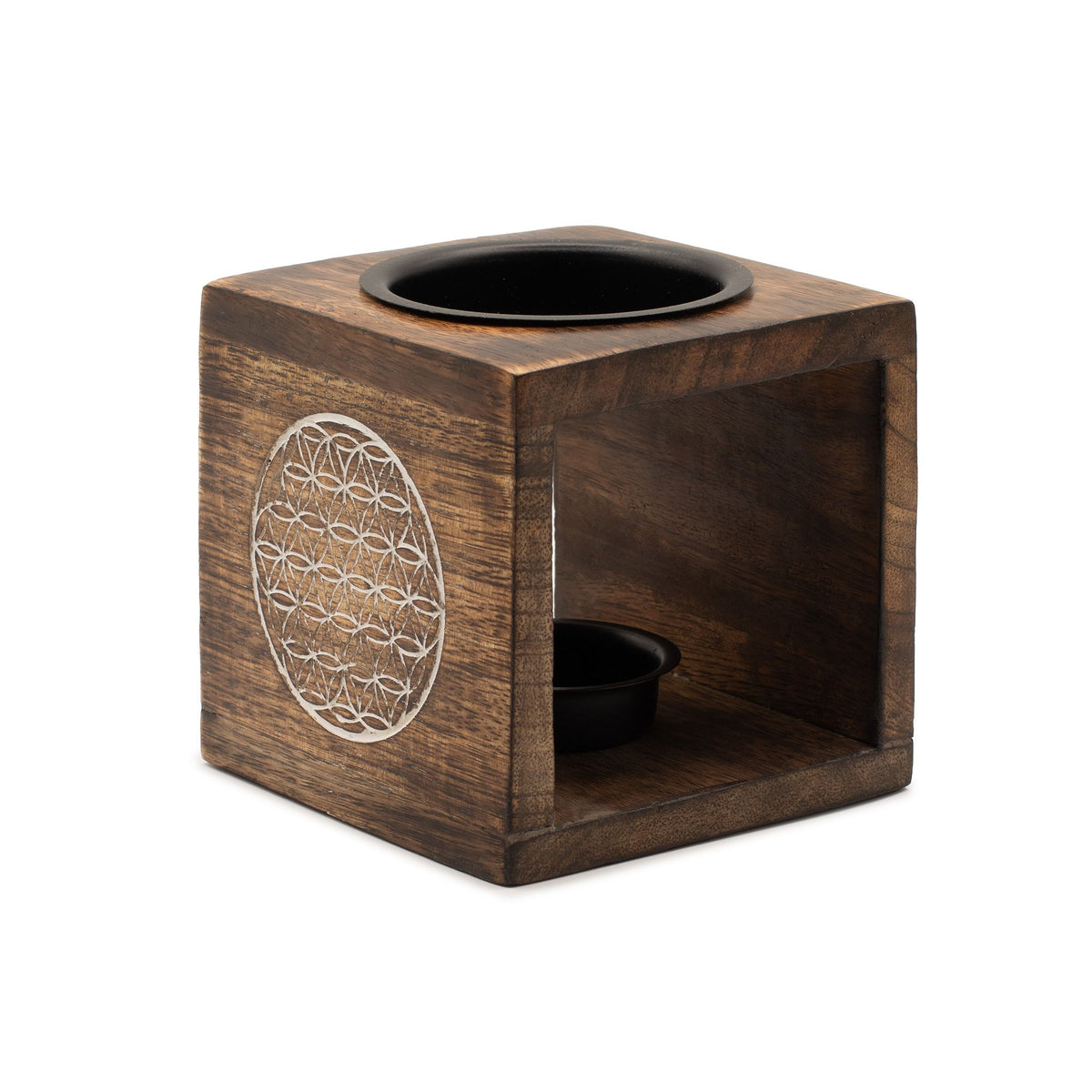 Quadratische Duftlampe aus Mangoholz – Blume des Lebens