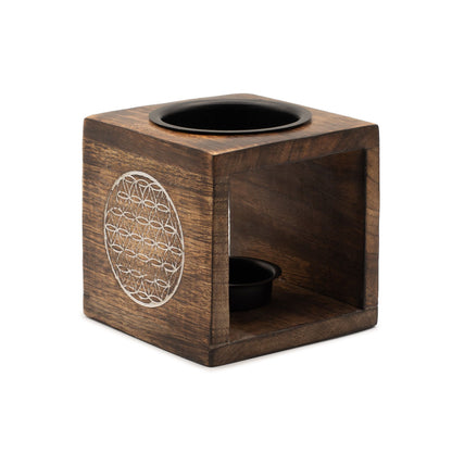 Quadratische Duftlampe aus Mangoholz – Blume des Lebens