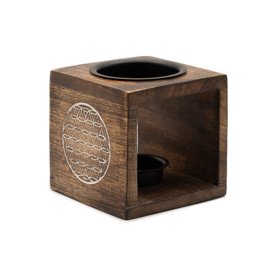 Quadratische Duftlampe aus Mangoholz – Blume des Lebens