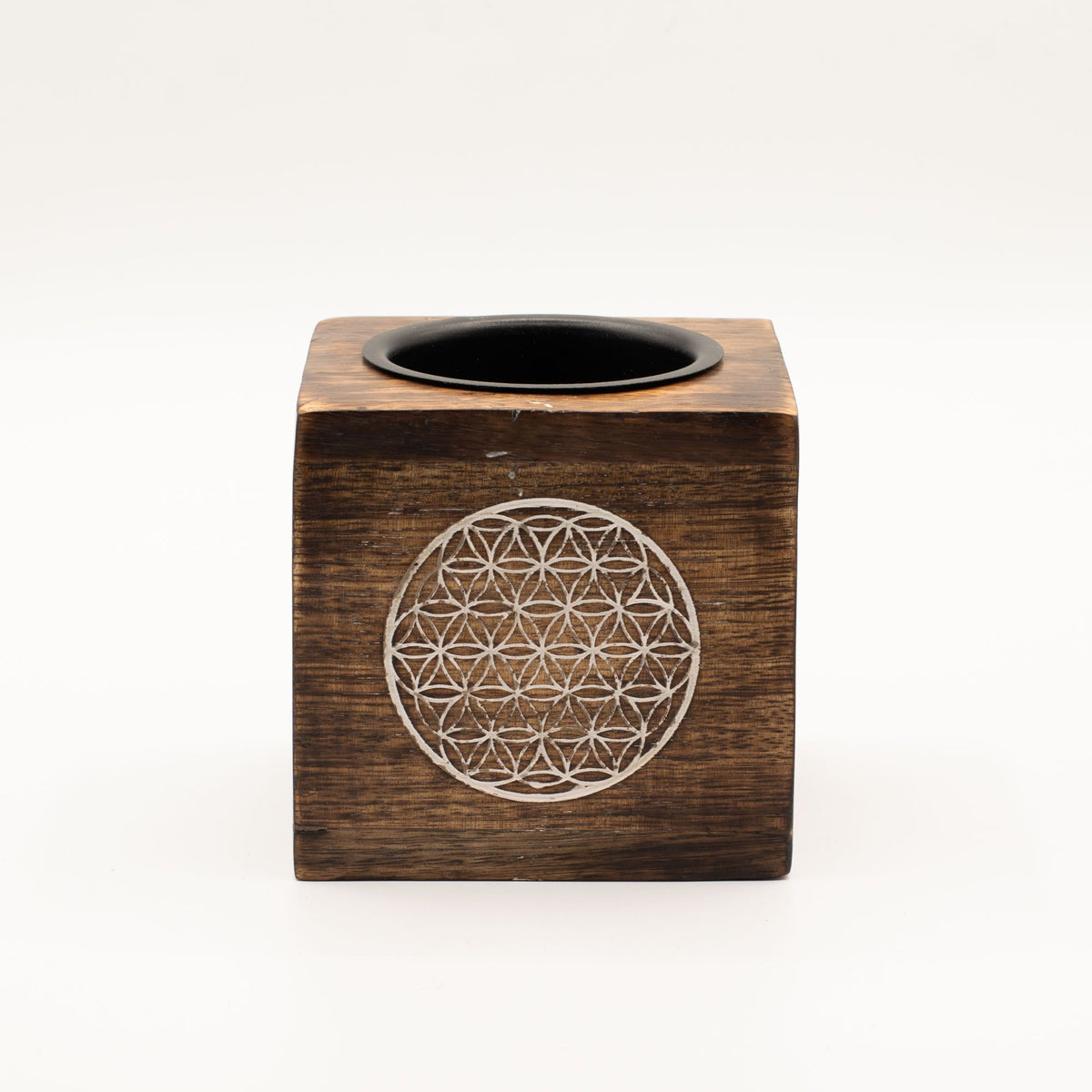 Quadratische Duftlampe aus Mangoholz – Blume des Lebens