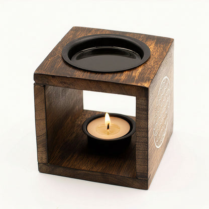 Quadratische Duftlampe aus Mangoholz – Blume des Lebens
