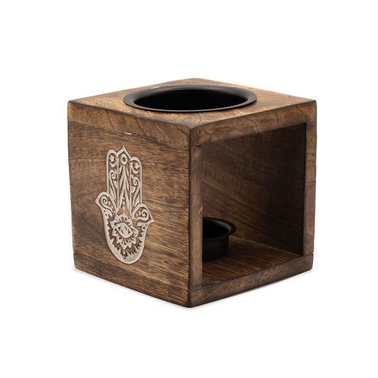 Quadratische Duftlampe aus Mangoholz – Hamsa
